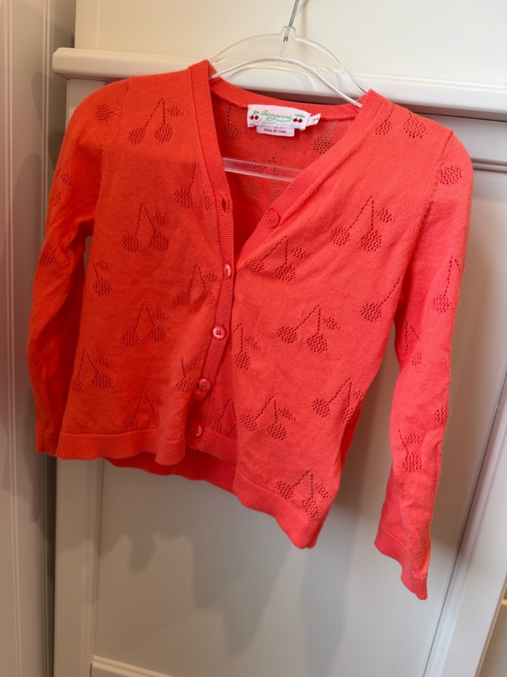 Bonpoint Coral Openwork Cherry-Pattern Cardigan